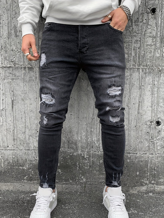 Men's Slim-Fit Distressed Jeans - Stretch Denim Ripped Knee Casual Pants, Machine-Washable All-Season Comfort for Casual Attire, Allseason Wear, Ripped Knee Pants, Classic Wash Denim, Streetwear Style, Trendy Fashion, Durable