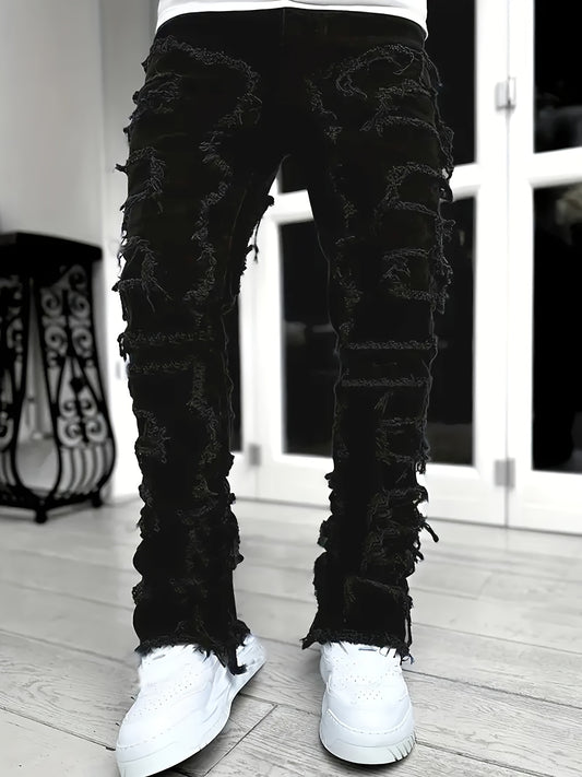 Y2k Hip Hop Style Raw Trim Jeans, Men's Casual Street Style Stretch Denim Pants