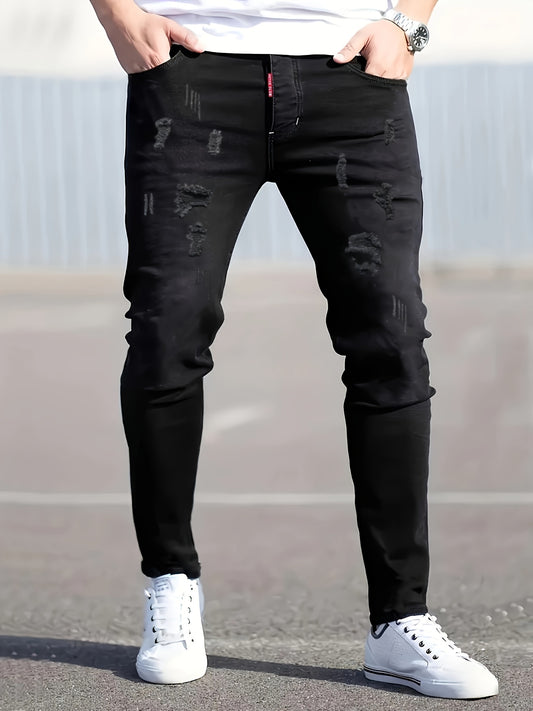 Men's Stretch Skinny Jeans - Classic Black, Ripped Design for All Seasons, Machine Washable, Gift, Fashion, New Style, Comfortable, Spring, Autumn, Winter