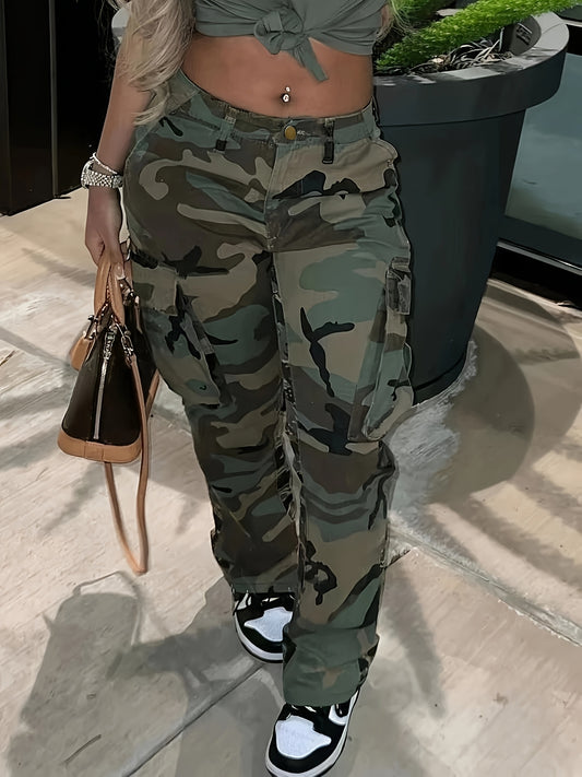 Women's Camouflage Workwear Pants - Stretchy Rayon Blend Denim-Style Trousers with Multi-Pockets, Elastic Waist & Cuffs, Machine Washable All-Season Casual Pants